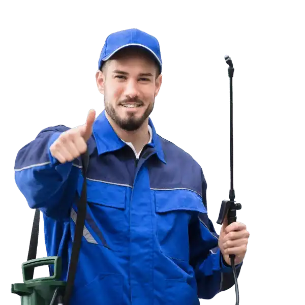 Smiling cockroach exterminator in work uniform holding a pest control sprayer.